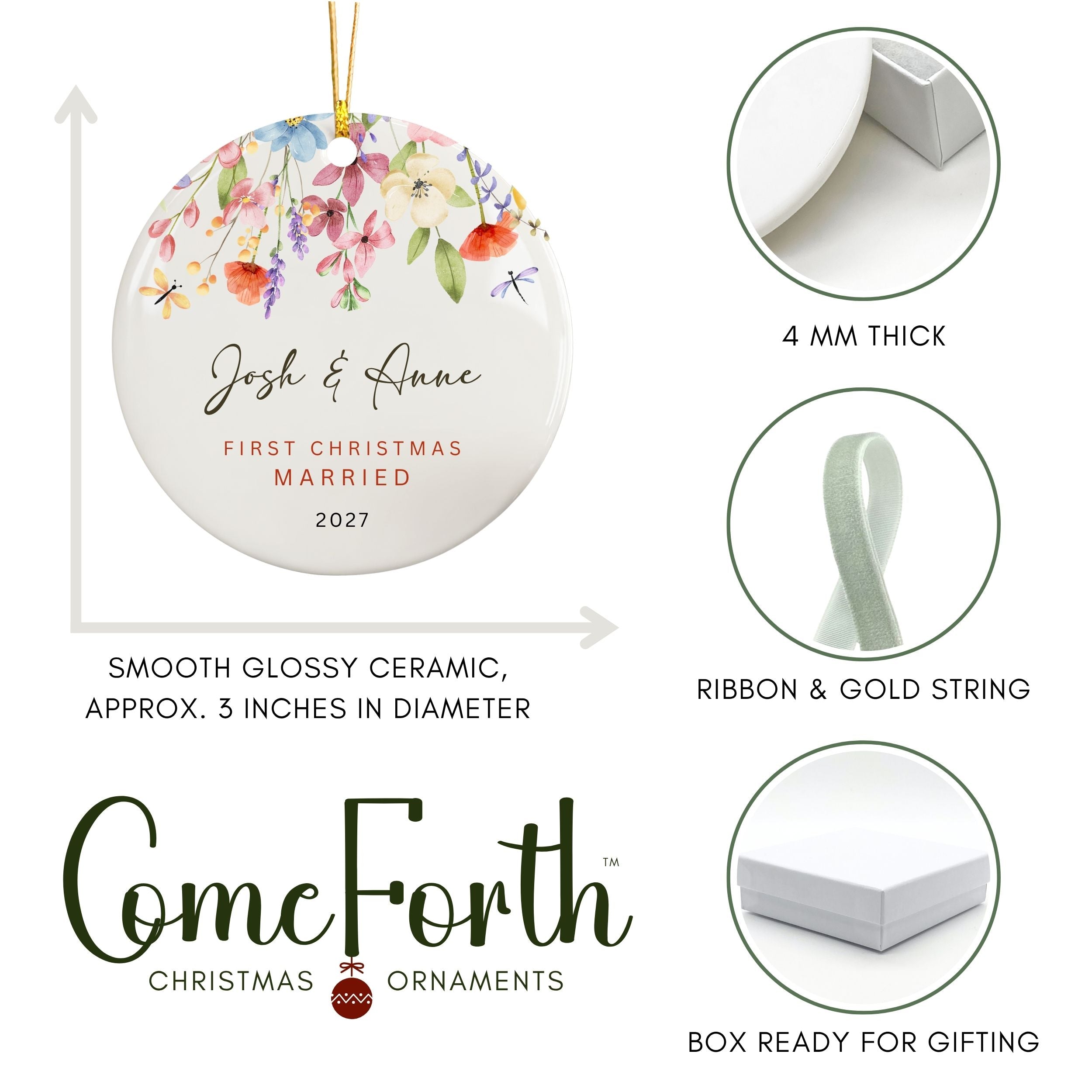 Wildflower Wedding Ornament, First Christmas Married Personalized Gift