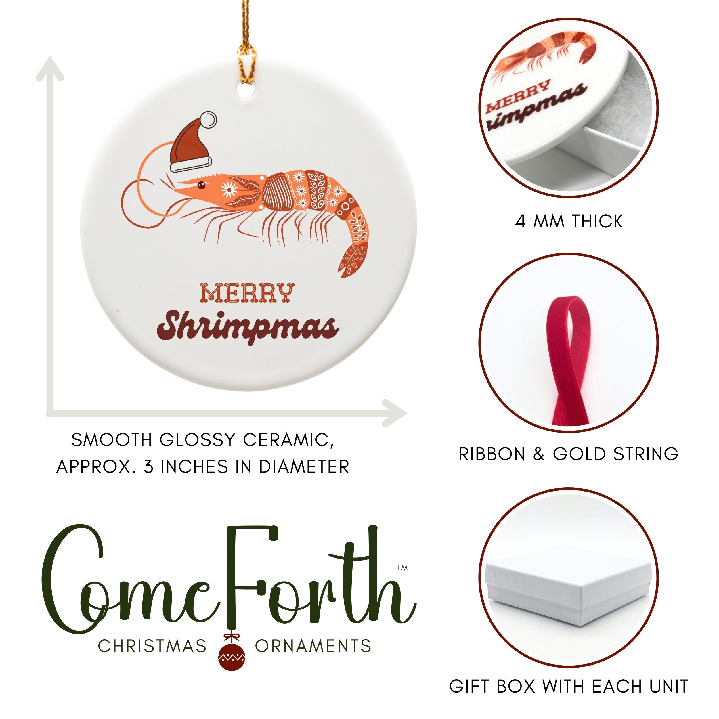 Merry Shrimpmas Christmas Ornament, Funny Coastal Souvenir Gifts, Wholesale Case of 4