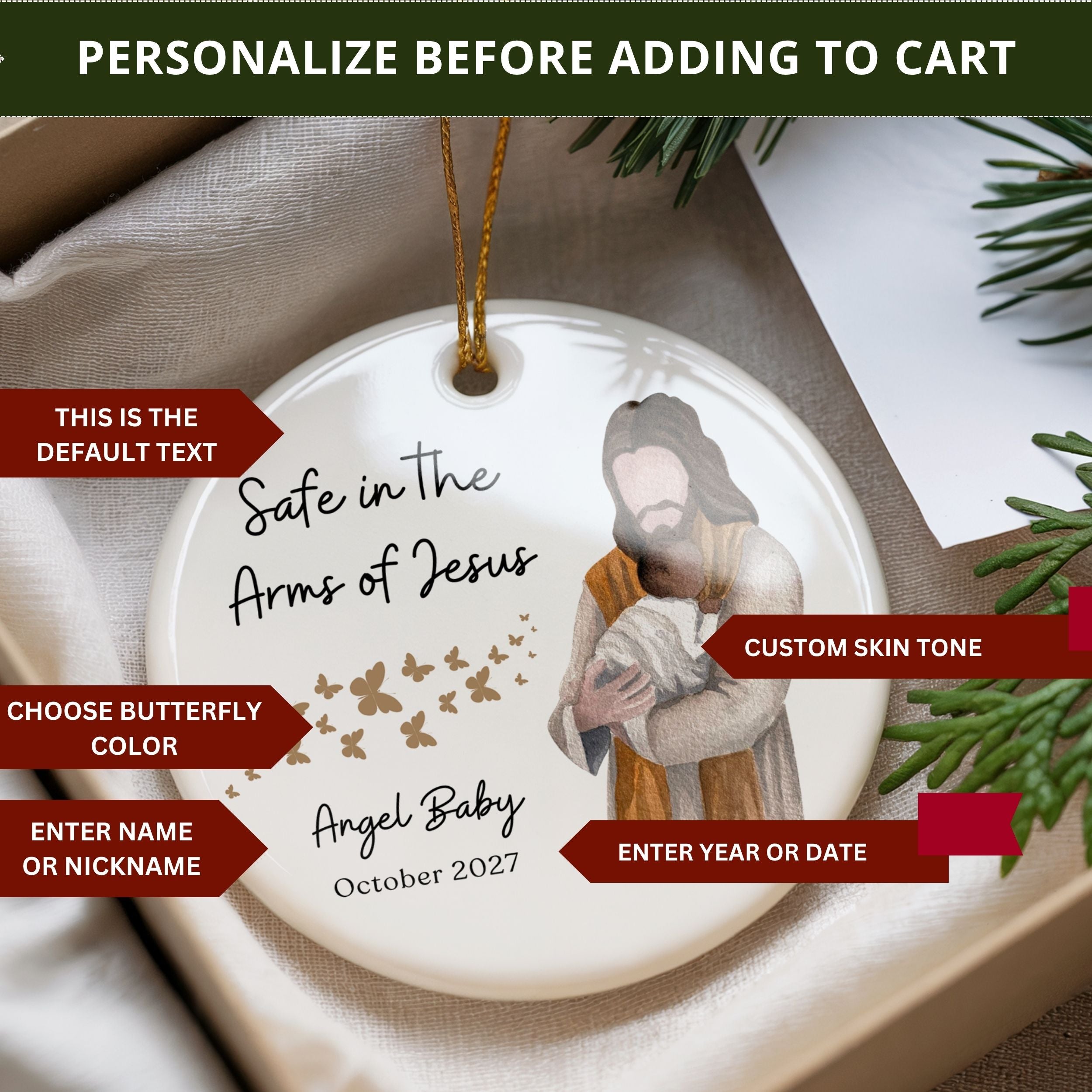 Miscarriage Ornament, Safe in the Arms of Jesus Pregnancy Loss Gift