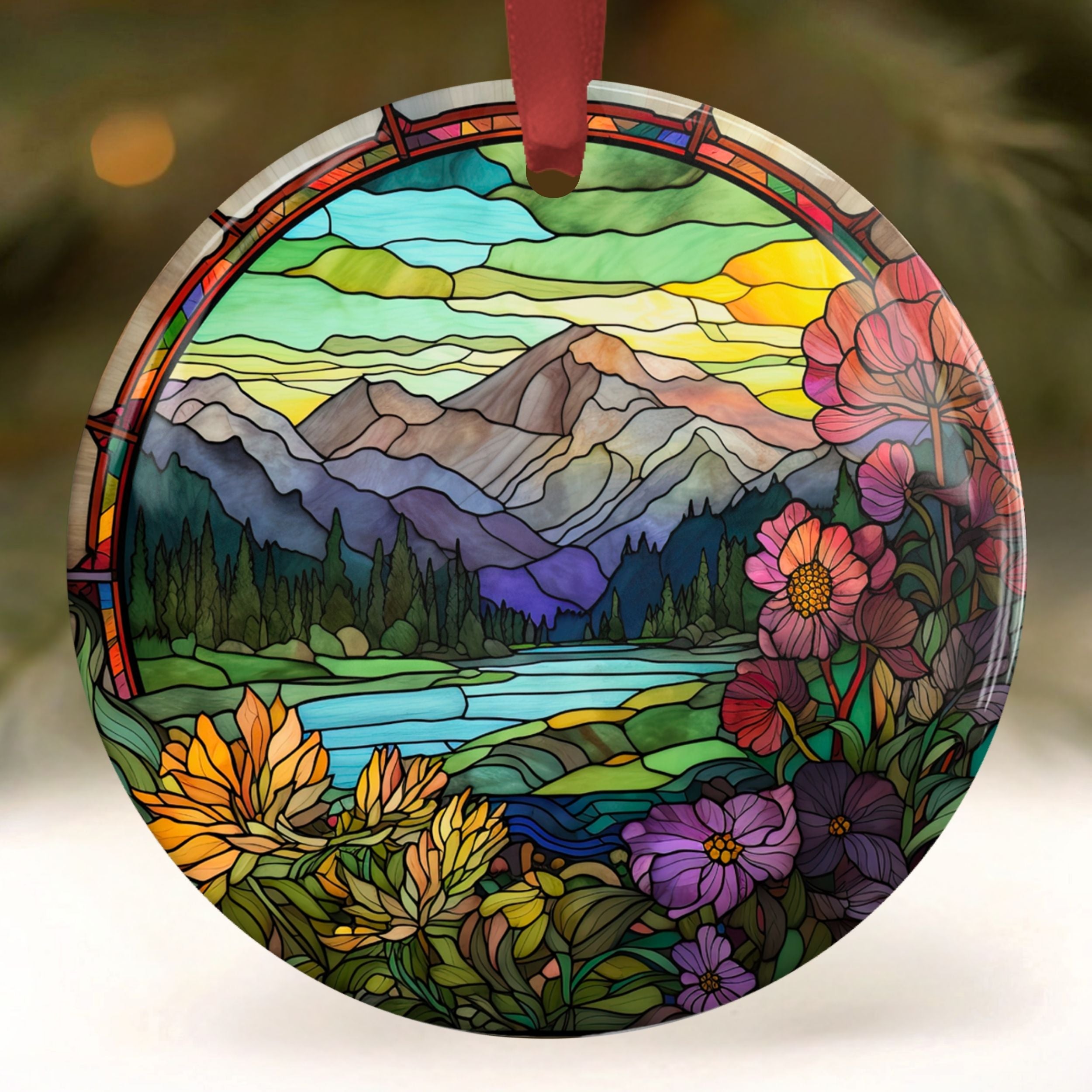 Rocky Mountain Christmas Ornament, Faux Stained Glass Ski Resort Gift, Wholesale Case of 4
