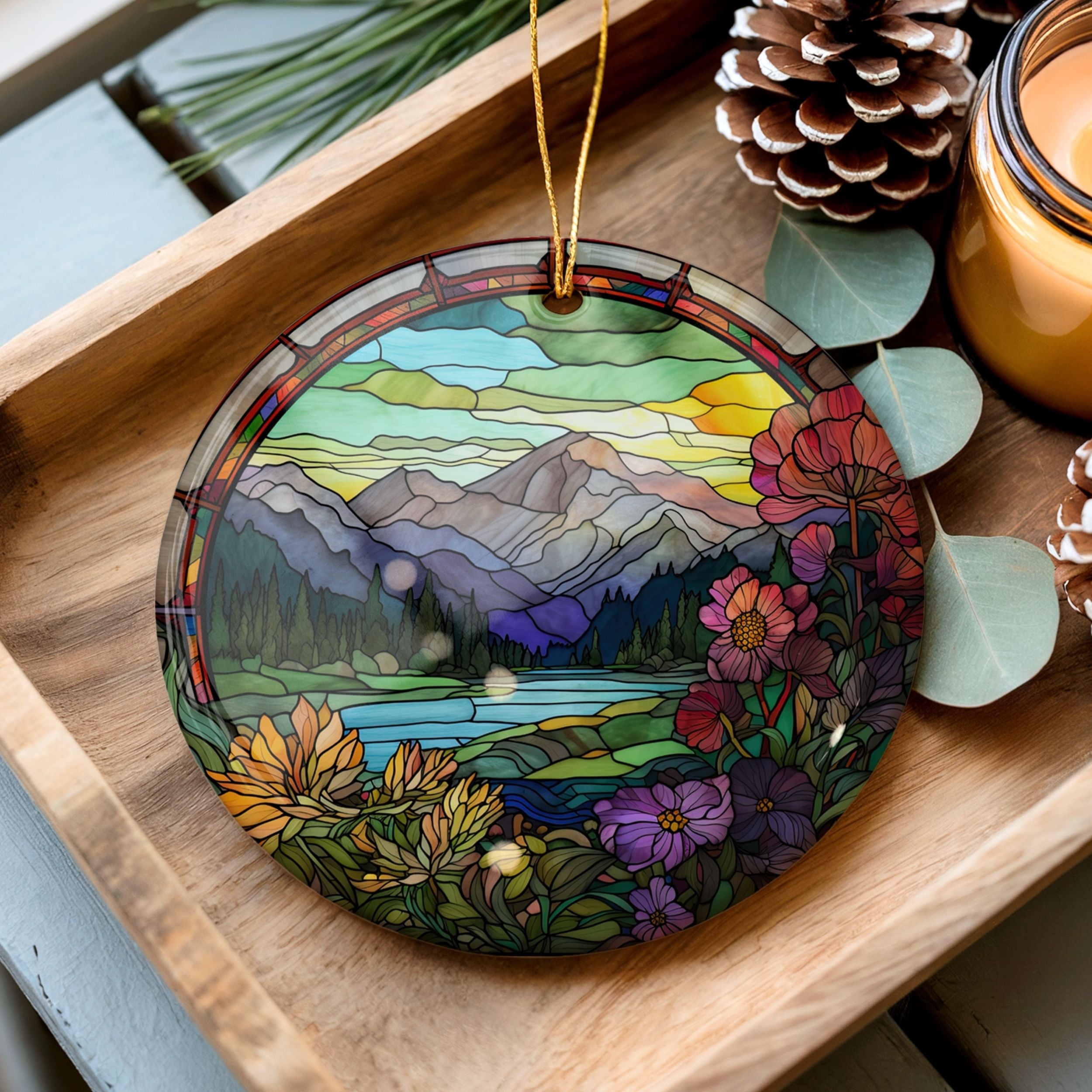 Rocky Mountain Christmas Ornament, Faux Stained Glass Ski Resort Gift, Wholesale Case of 4