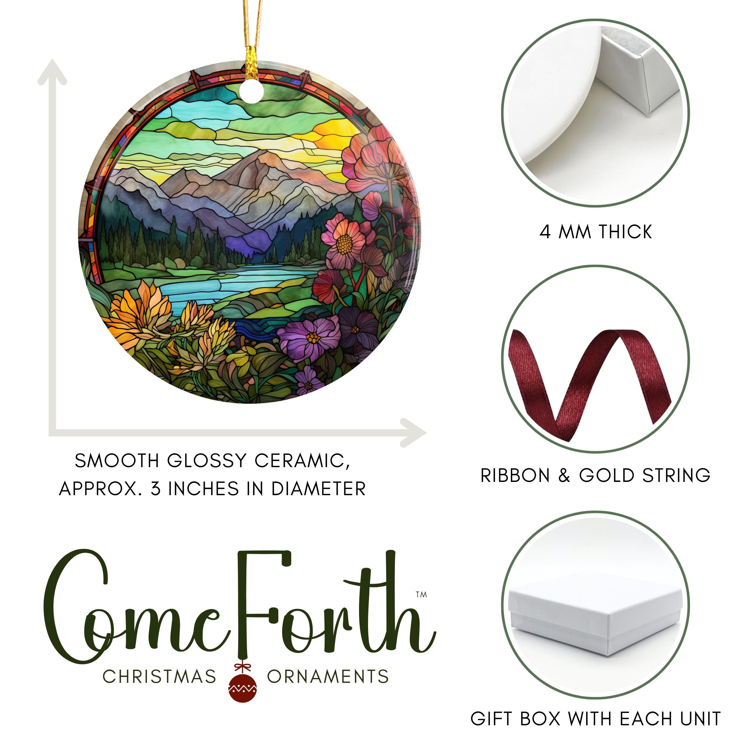 Rocky Mountain Christmas Ornament, Faux Stained Glass Ski Resort Gift, Wholesale Case of 4