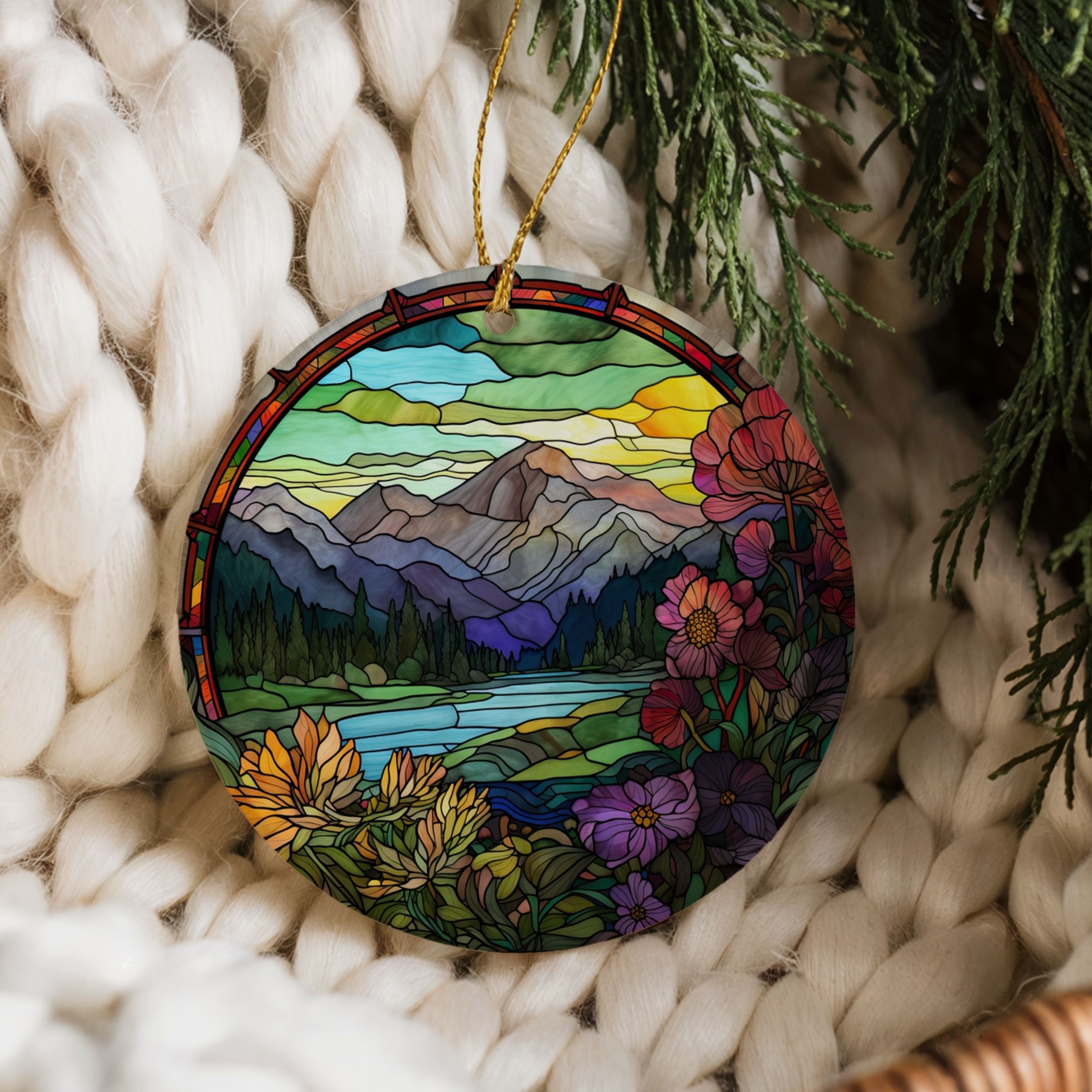 Rocky Mountain Christmas Ornament, Faux Stained Glass Ski Resort Gift, Wholesale Case of 4