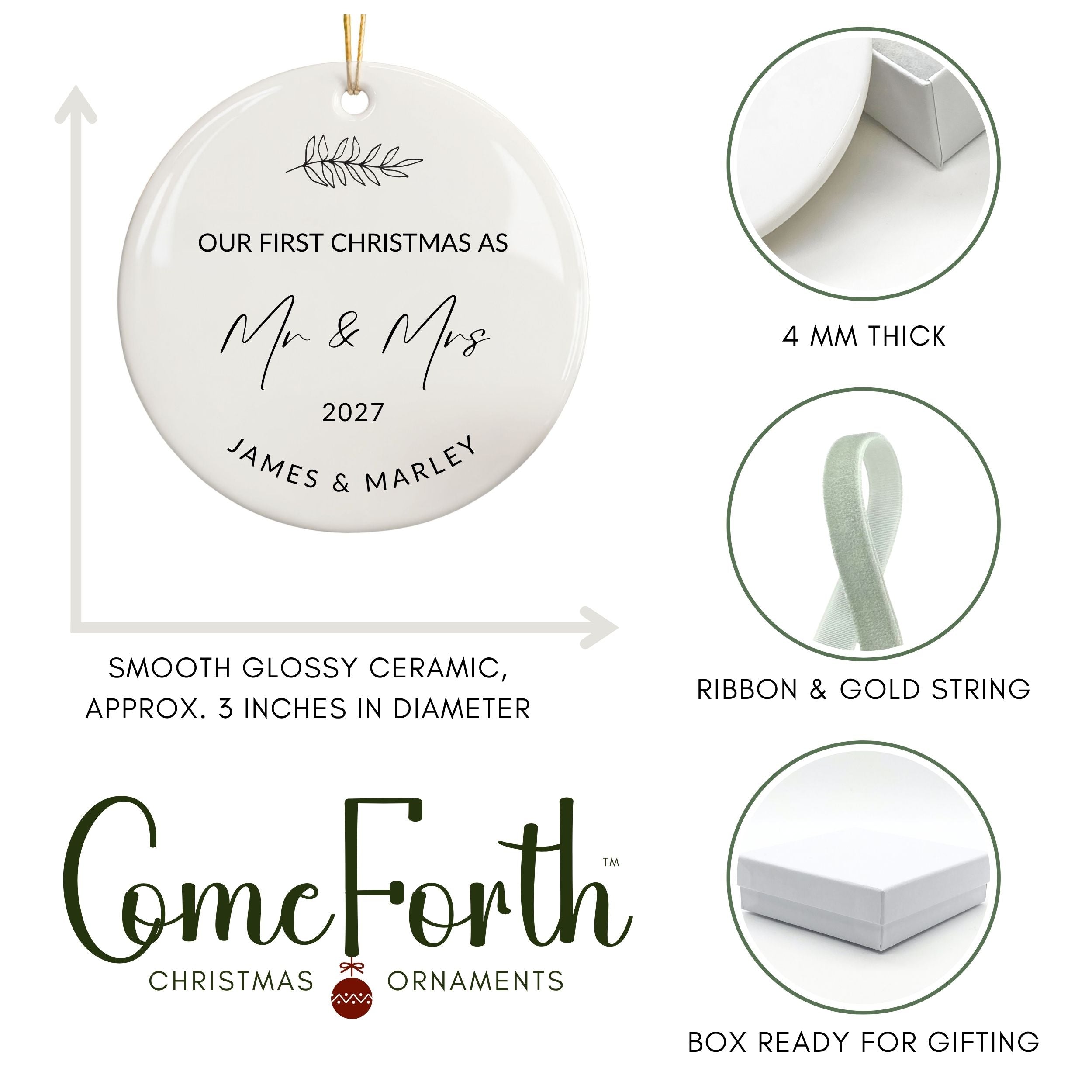 First Christmas Married Ornament, Personalized Wedding Gift