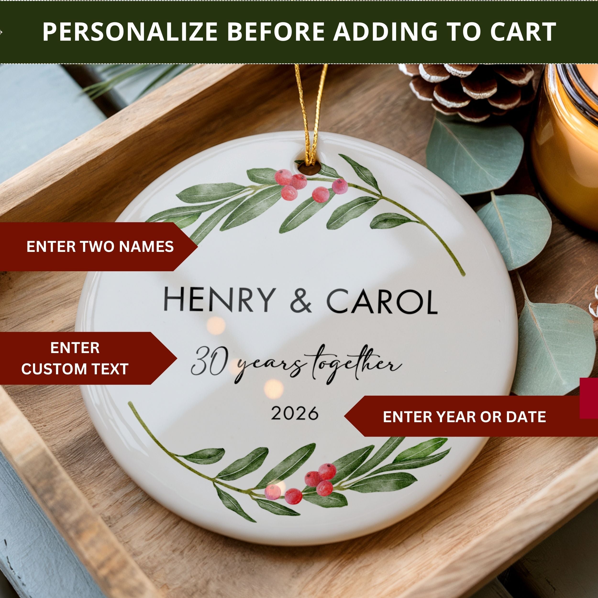 Custom Wedding Anniversary Gift, Personalized Christmas Ornament