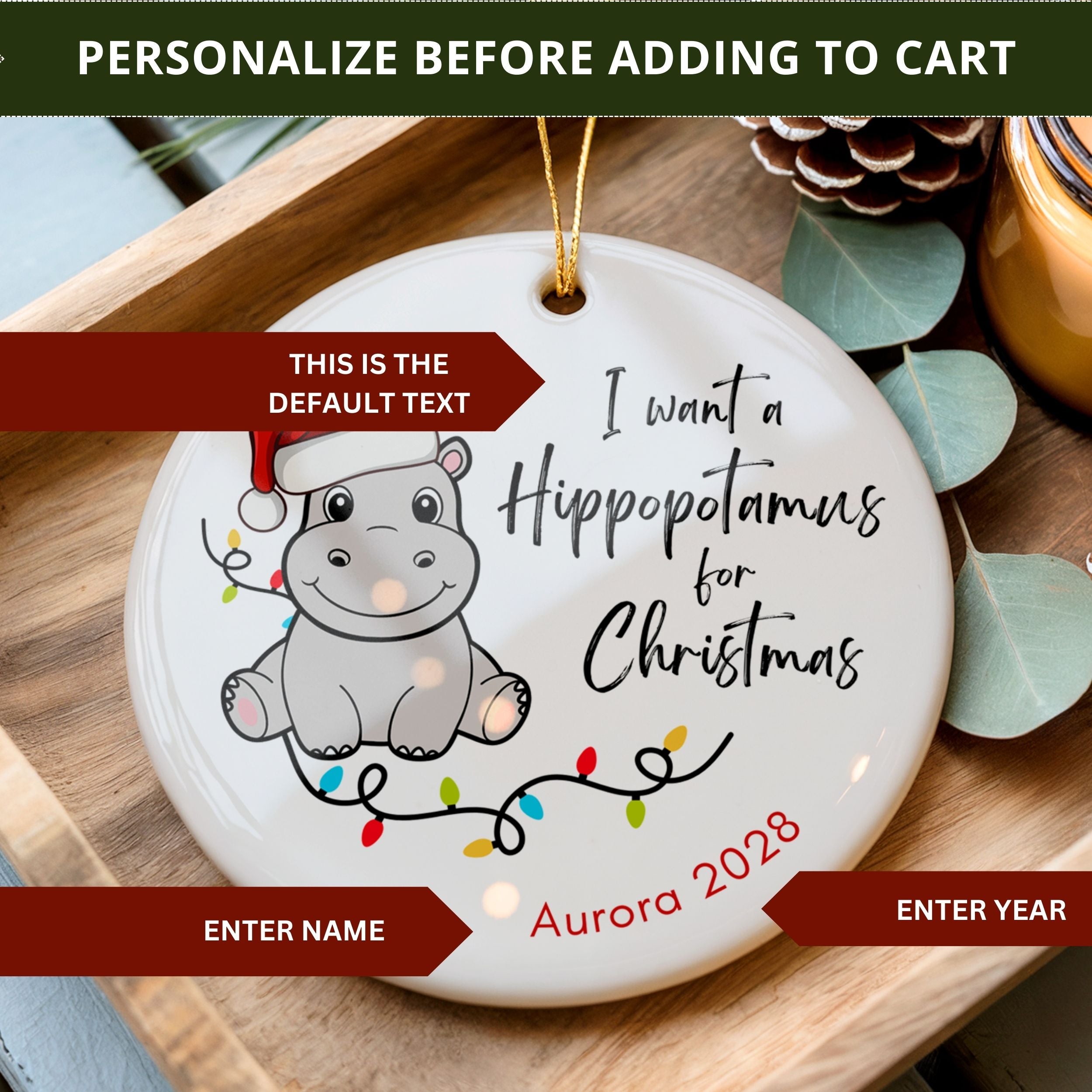 Personalized Ornaments for Kids, Hippopotamus for Christmas Song