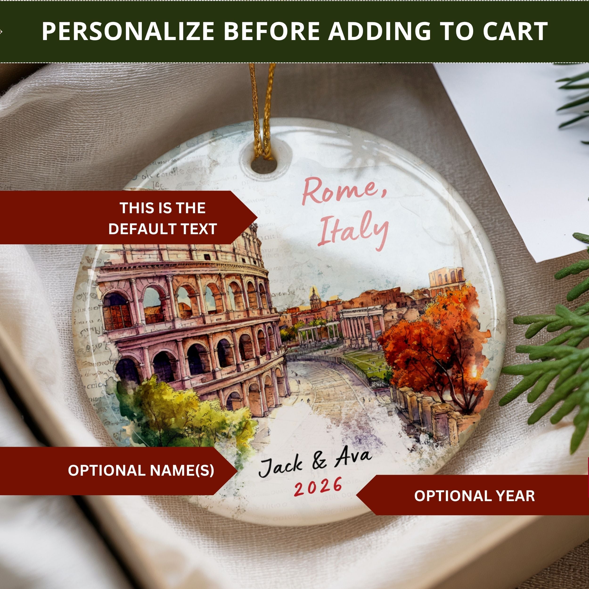 Personalized Rome Christmas Ornament, Italy Travel Gift