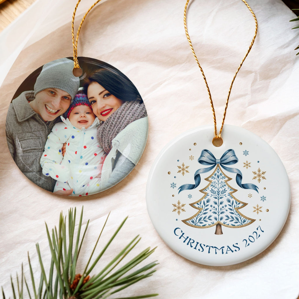 Scandinavian Christmas Tree Ornament, Personalized Annual Photo Keepsake