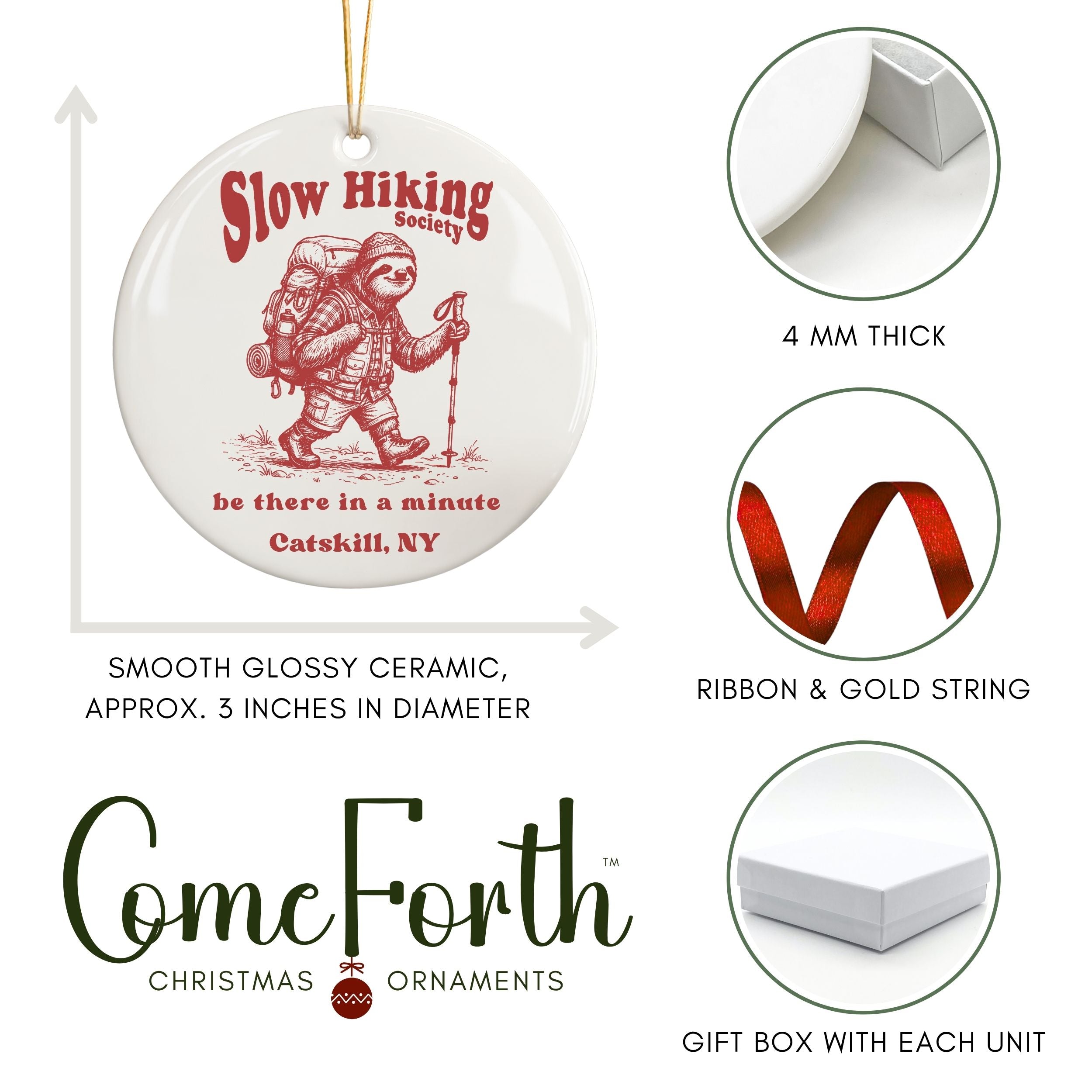 Slow Hiking Society Christmas Ornament, Custom Souvenir, Wholesale Case of 4