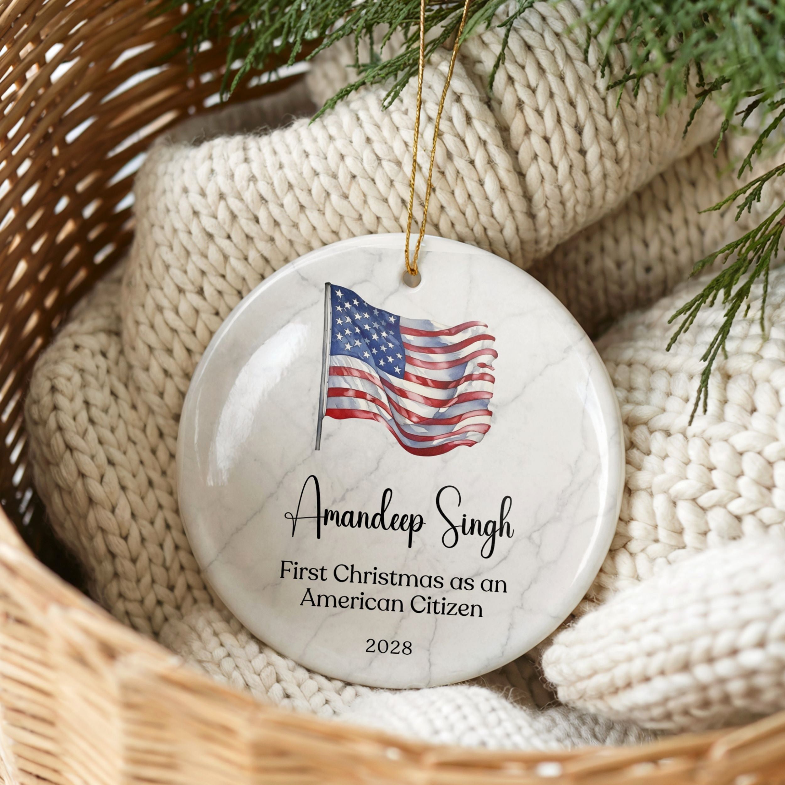US Citizenship Gift, New American Citizen Flag Christmas Ornament