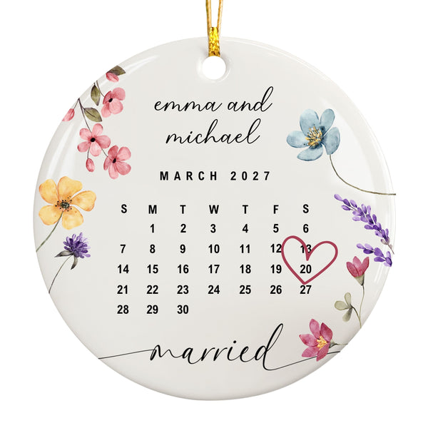 Wedding Date Ornament, Custom Married Calendar Wildflower Keepsake