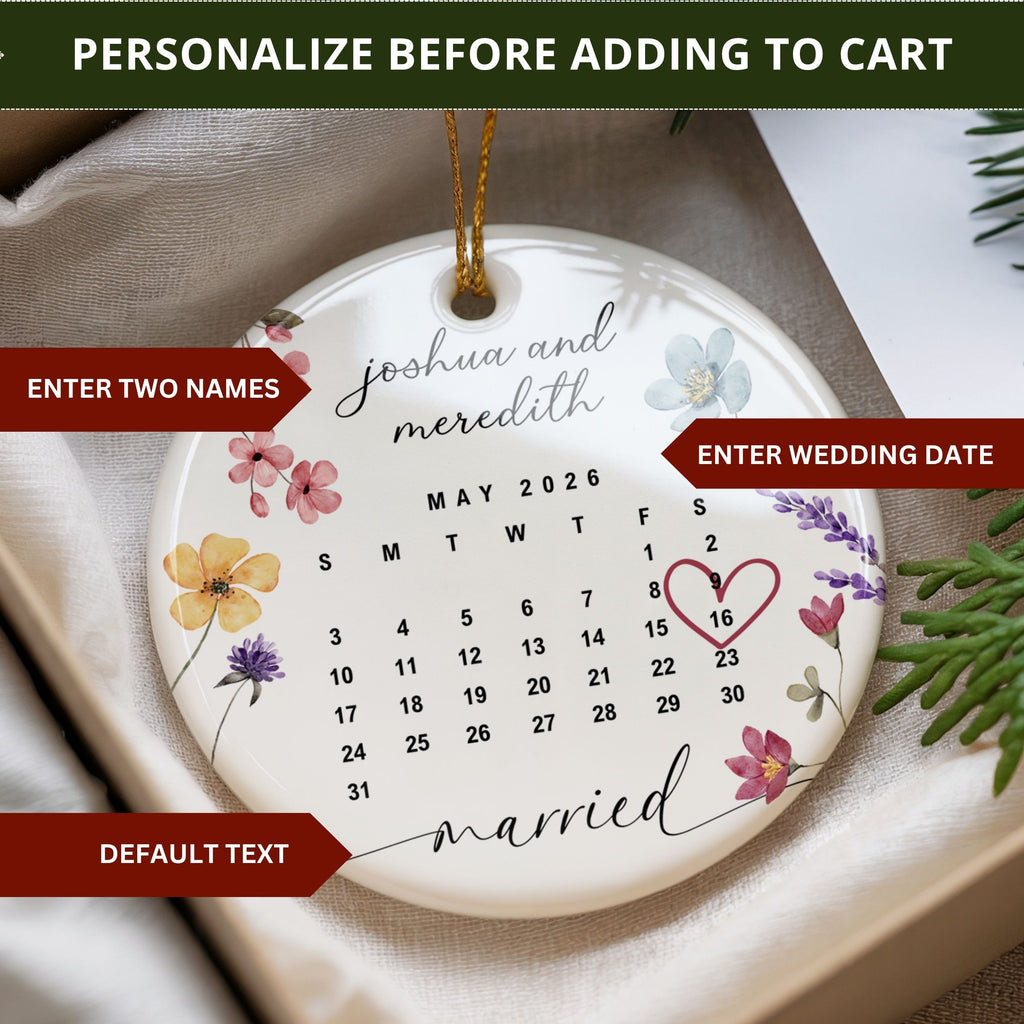 Wedding Date Ornament, Custom Married Calendar Wildflower Keepsake