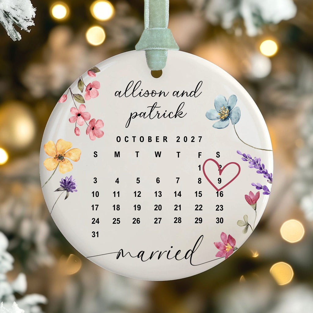 Wedding Date Ornament, Custom Married Calendar Wildflower Keepsake