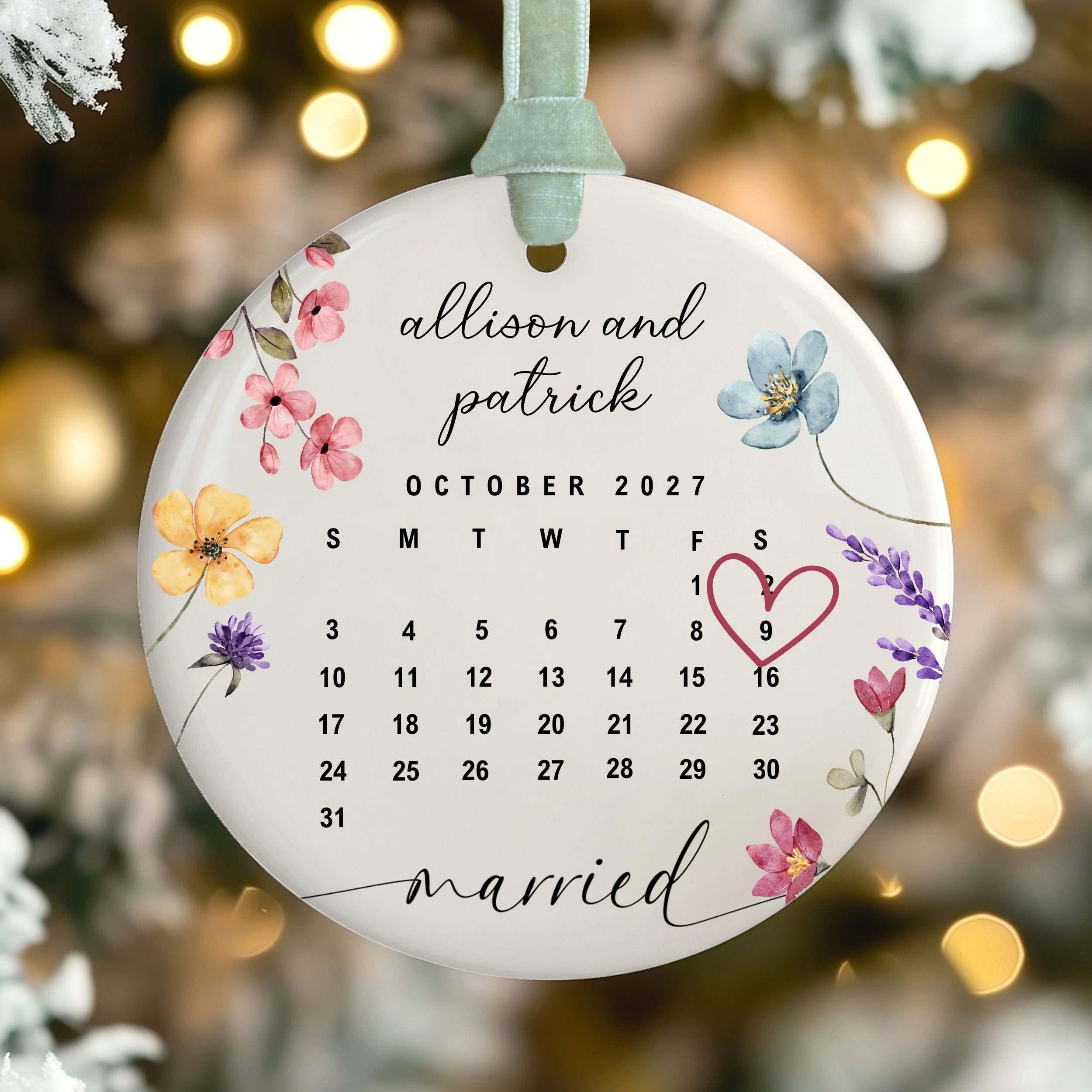 Wedding Date Ornament, Custom Married Calendar Wildflower Keepsake