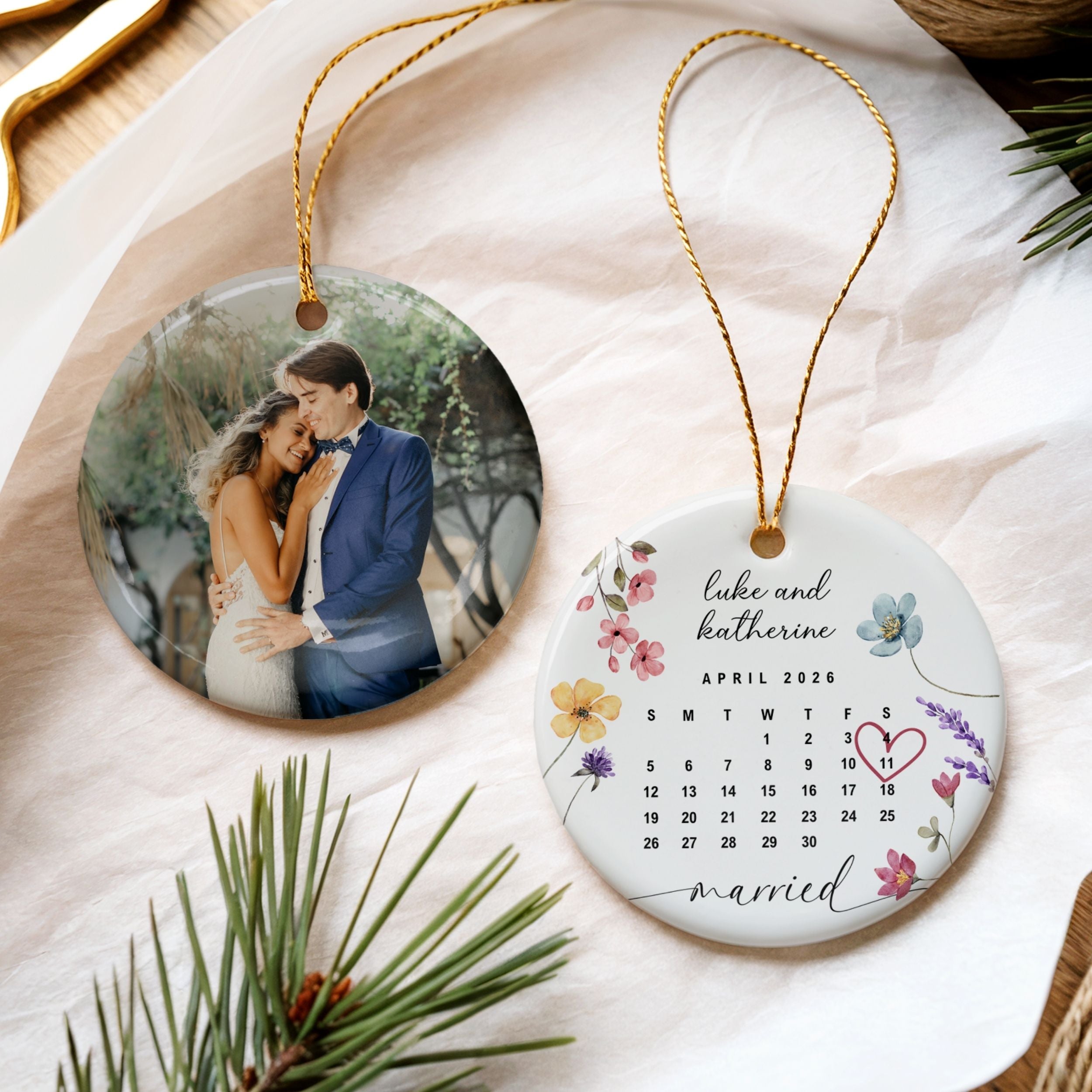 Wedding Date Ornament, Custom Married Calendar Wildflower Keepsake
