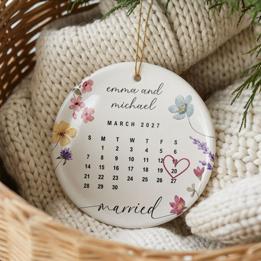 Wedding Date Ornament, Custom Married Calendar Wildflower Keepsake