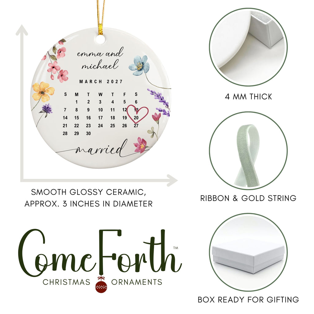 Wedding Date Ornament, Custom Married Calendar Wildflower Keepsake