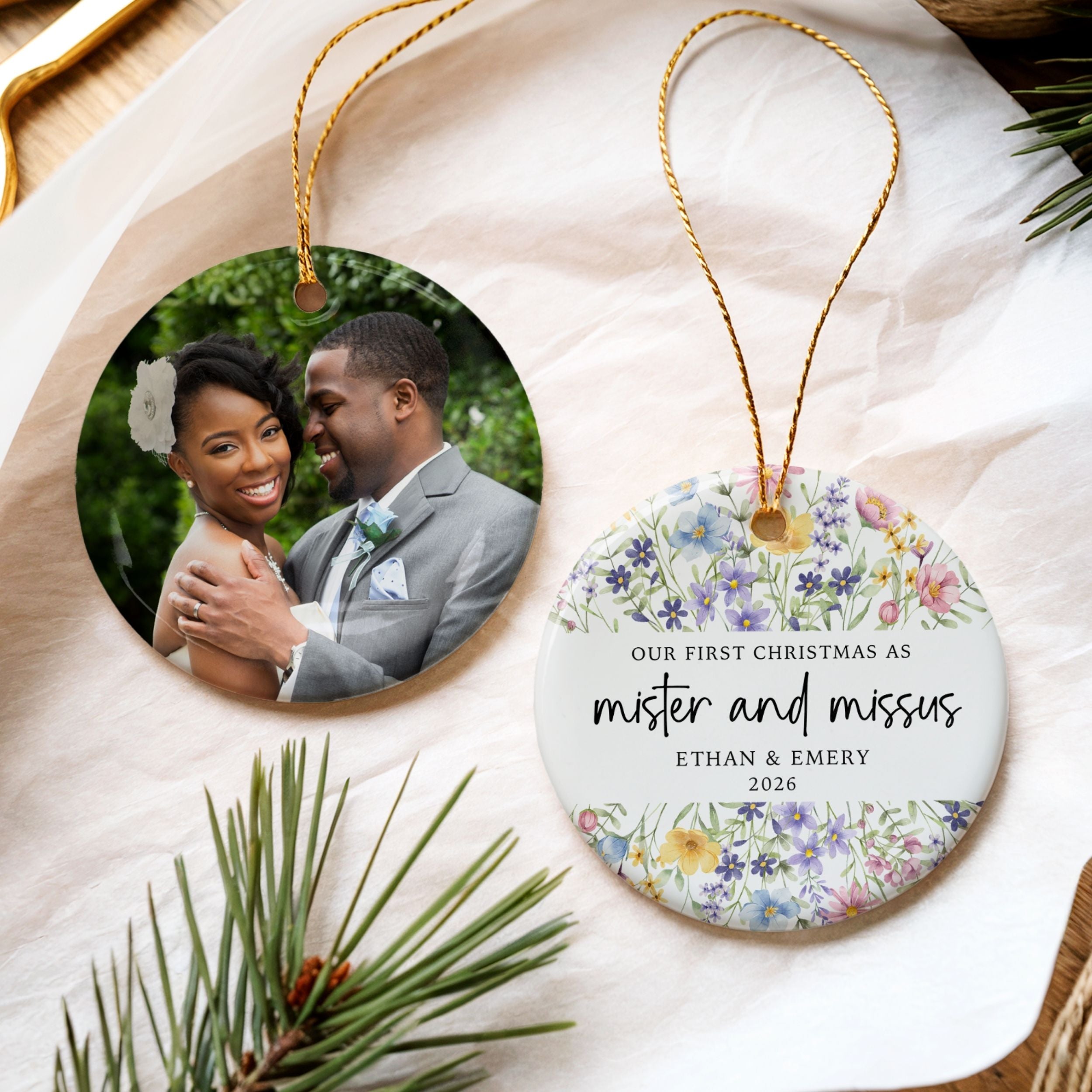 Wildflower Wedding Ornament, Our First Christmas Married