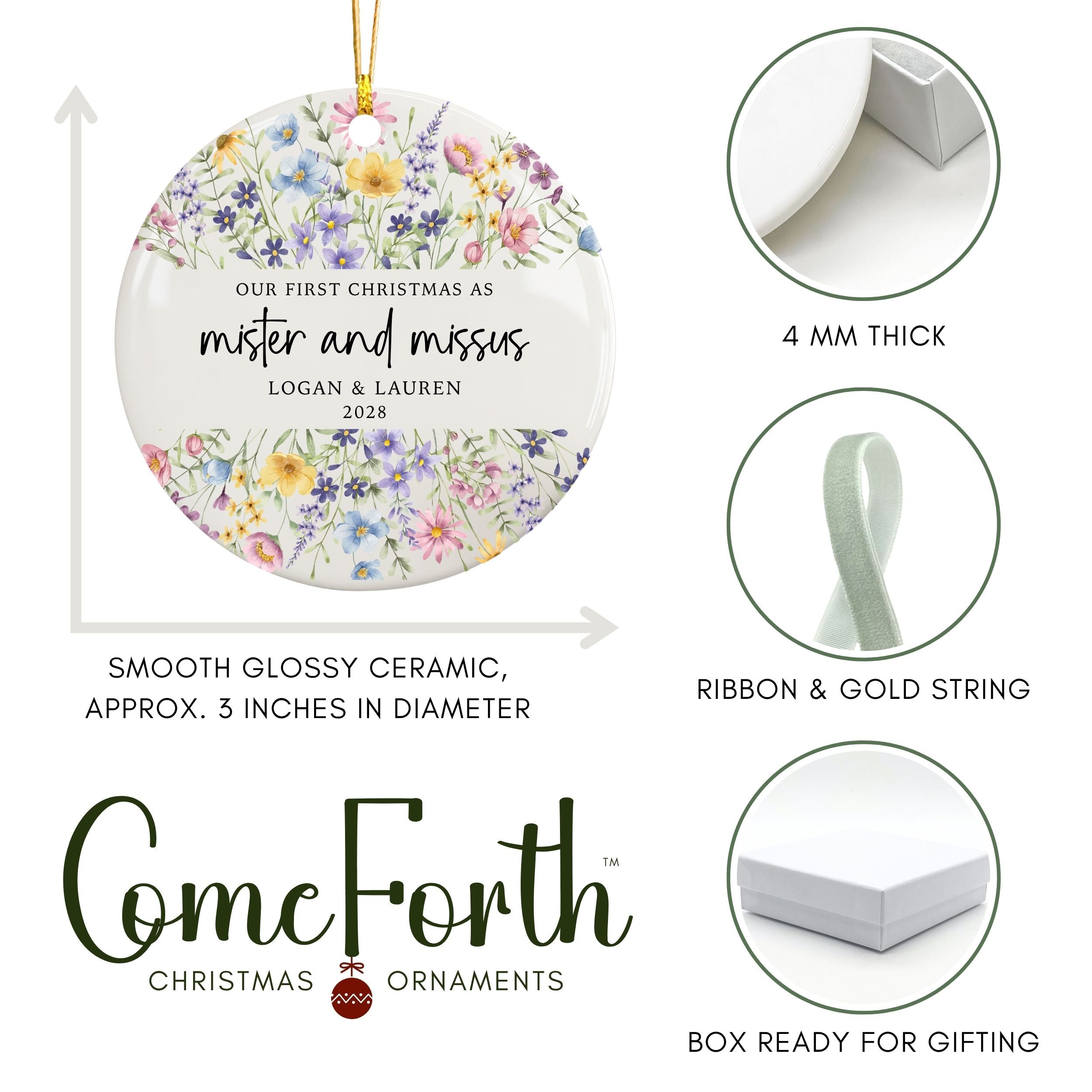 Wildflower Wedding Ornament, Our First Christmas Married